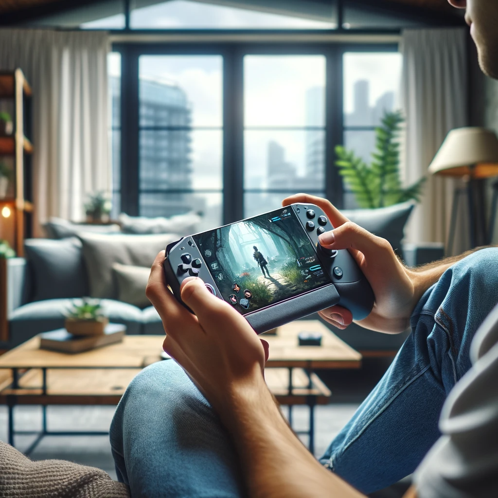 Gamer Playing on a Portable Device in a Living Room